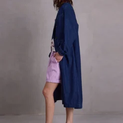 Finette lange jas in summer denim